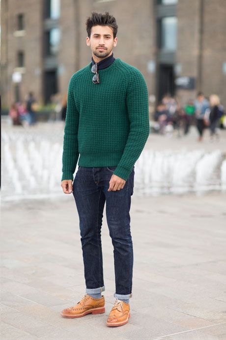 Men's Green Cable Sweater, Navy Jeans, Tan Leather Brogues | Men's Fashion