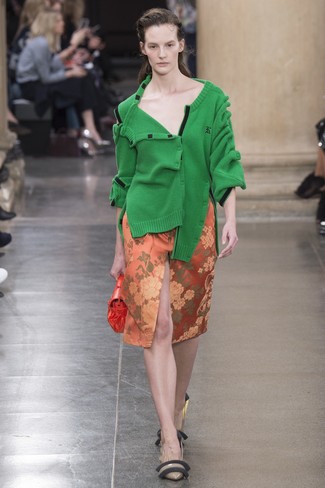 Women's Green Cardigan, Orange Floral Pencil Skirt, Brown Leather Pumps, Orange Leather Clutch