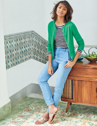 Women's Green Cardigan, White and Black Horizontal Striped Long Sleeve T-shirt, Light Blue Jeans, Silver Leather Thong Sandals