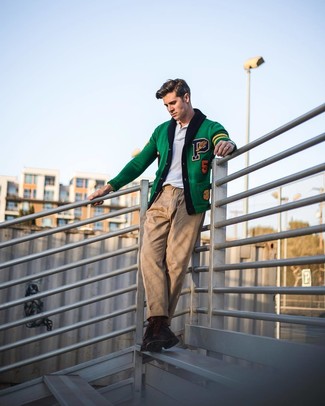 Men's Green Embroidered Cardigan, White Polo, Khaki Chinos, Dark Brown Leather Casual Boots