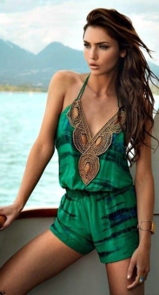 Reach for a green embellished playsuit to get a casual and functional ensemble.