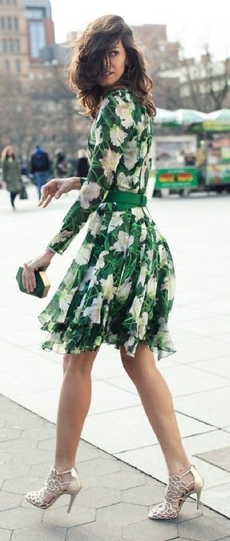 Women's Green Floral Skater Dress, Gold Cutout Leather Pumps, Green Clutch
