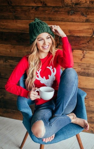 Red Print Sweatshirt Outfits For Women: 