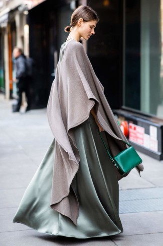 Women's Green Leather Handbag, Mint Satin Evening Dress, Grey Poncho
