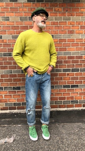 Men's Dark Green Flat Cap, Green Suede Low Top Sneakers, Blue Ripped Jeans, Green-Yellow Crew-neck Sweater