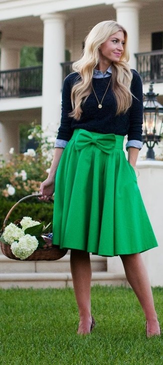 Green Pleated Midi Skirt Outfits: 