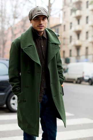 Men's Green Overcoat, Black Long Sleeve Shirt, Navy Jeans, Grey Flat Cap