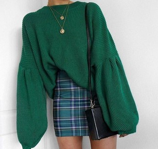 Women's Green Knit Oversized Sweater, Dark Green Plaid Mini Skirt, Black Leather Crossbody Bag, Gold Pendant