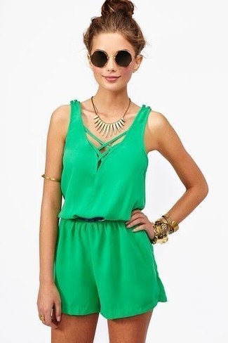 Women's Green Playsuit, Dark Brown Sunglasses, Gold Bracelet, Gold Necklace