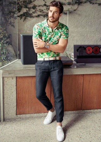 Men's Green Floral Polo, Black Linen Chinos, White Low Top Sneakers, White Canvas Belt