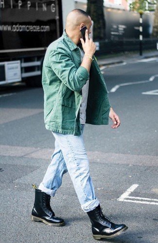 Green Shirt Jacket Outfits For Men: If you gravitate towards relaxed looks, why not go for a green shirt jacket and light blue jeans? Let your sartorial prowess really shine by finishing this outfit with black leather casual boots.