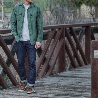Men's Green Shirt Jacket, White Crew-neck T-shirt, Navy Jeans, Dark Brown Leather Casual Boots