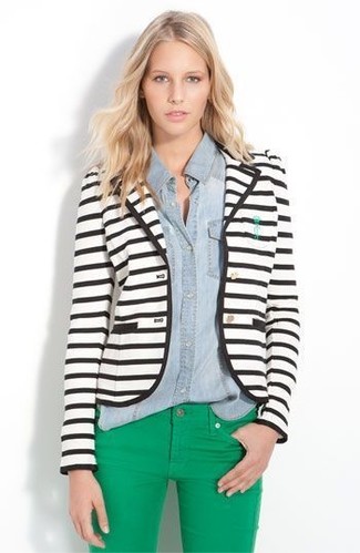 Women's Green Skinny Jeans, Light Blue Denim Shirt, White and Black Horizontal Striped Blazer