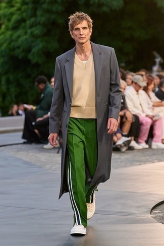 Men's Beige Canvas Low Top Sneakers, Green Sweatpants, Beige Sweater Vest, Charcoal Overcoat