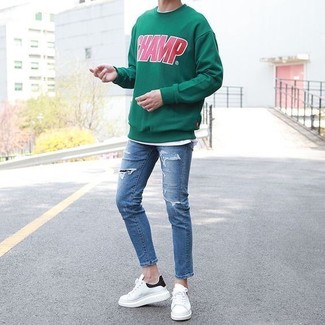 Mint Sweatshirt Outfits For Men: When the situation allows casual street dressing, opt for a mint sweatshirt and blue ripped skinny jeans. If you wish to easily dress up your ensemble with footwear, why not complement your ensemble with white leather low top sneakers?