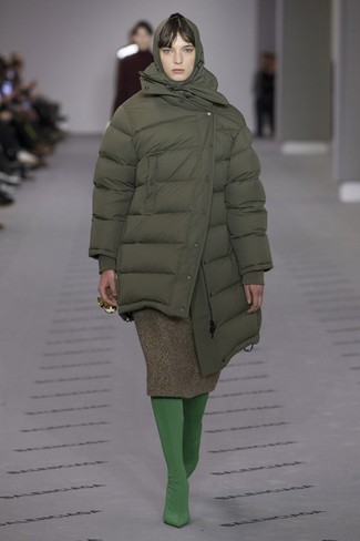 Women's Green Tights, Olive Wool Midi Skirt, Olive Puffer Jacket