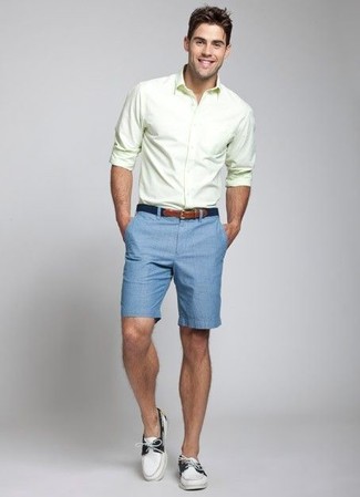 Men's Green-Yellow Long Sleeve Shirt, Blue Shorts, White and Black ...