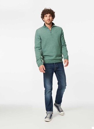 Mint Zip Neck Sweater Outfits For Men: This casual pairing of a mint zip neck sweater and navy jeans is super easy to put together without a second thought, helping you look stylish and ready for anything without spending too much time searching through your wardrobe. Take an otherwise mostly classic look down a whole other path by slipping into a pair of navy and white canvas low top sneakers.