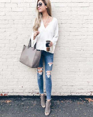 Women's Grey Leather Tote Bag, Grey Cutout Leather Ankle Boots, Blue Ripped Skinny Jeans, White V-neck Sweater