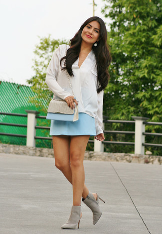 Women's Light Blue Leather Crossbody Bag, Grey Cutout Suede Ankle Boots, Light Blue Mini Skirt, White Silk Long Sleeve Blouse
