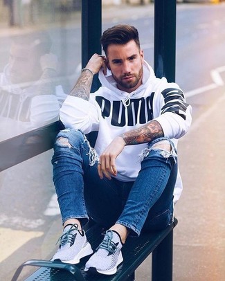 Men's Grey Athletic Shoes, Blue Ripped Skinny Jeans, White and Black Print Hoodie