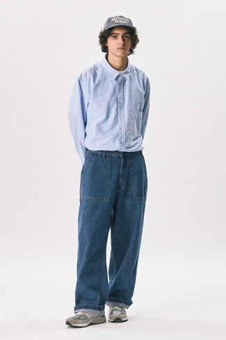 Men's Grey Print Baseball Cap, Grey Athletic Shoes, Navy Jeans, Light Blue Long Sleeve Shirt