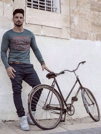 Charcoal Print Long Sleeve T-Shirt Outfits For Men: 