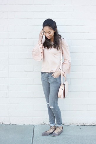 Women's Pink Leather Crossbody Bag, Grey Suede Ballerina Shoes, Grey Ripped Jeans, Pink Long Sleeve Blouse