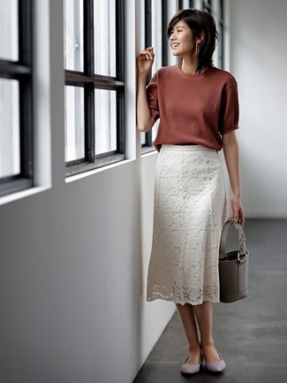 Women's Grey Leather Bucket Bag, Grey Suede Ballerina Shoes, White Lace Midi Skirt, Brown Short Sleeve Sweater