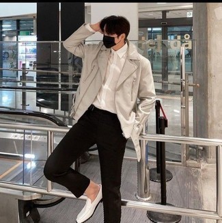 White Long Sleeve Shirt Outfits For Men: Why not consider teaming a white long sleeve shirt with black chinos? As well as super comfortable, these items look awesome when worn together. For something more on the classier end to complete this ensemble, complement this look with white leather loafers.