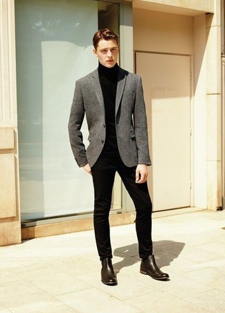 Grey Wool Blazer Outfits For Men: Wear a grey wool blazer and black chinos if you seek to look seriously stylish without making too much effort. On the fence about how to complete this look? Rock a pair of dark brown leather chelsea boots to amp up the classy factor.