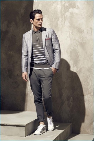 Men's Grey Blazer, Charcoal Horizontal Striped Polo, Charcoal Chinos, White Plimsolls