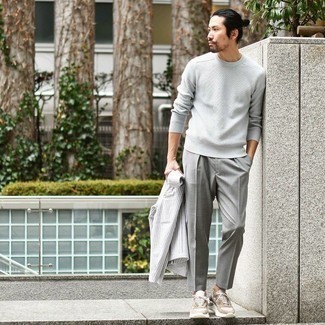 Athletic Shoes Outfits For Men: Inject an elegant touch into your current collection with a grey vertical striped seersucker blazer and grey chinos. On the fence about how to round off? Introduce athletic shoes to the equation to jazz things up.