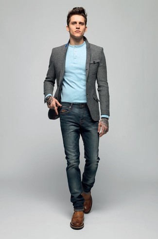 Men's Grey Wool Blazer, Light Blue Long Sleeve Henley Shirt, Navy Jeans, Brown Leather Chelsea Boots