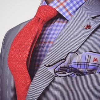 Purple Pocket Square Outfits: A grey vertical striped blazer and a purple pocket square worn together are a nice match.