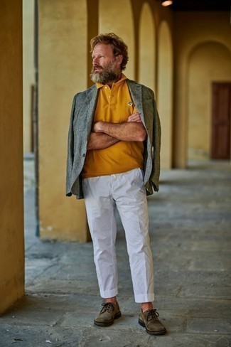 Mustard Polo Outfits For Men: Who said you can't make a stylish statement with an off-duty look? Make ladies swoon in a mustard polo and white chinos. Add olive suede brogues to your ensemble to make the ensemble slightly more elegant.