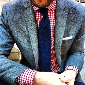 Men's Grey Wool Blazer, Red Gingham Dress Shirt, Navy Knit Tie, White Pocket Square