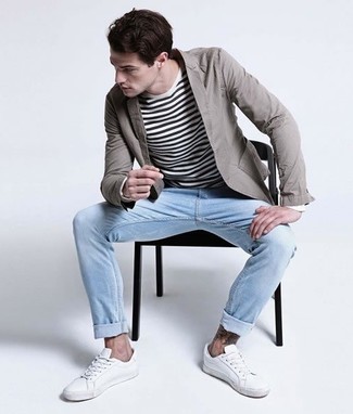 Men's Grey Cotton Blazer, White and Black Horizontal Striped Crew-neck Sweater, Light Blue Jeans, White Low Top Sneakers