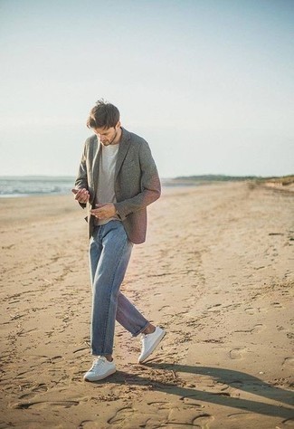 Men's Grey Wool Blazer, White and Black Horizontal Striped Crew-neck T-shirt, Blue Jeans, White Canvas Low Top Sneakers