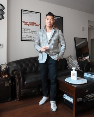 Grey Gingham Wool Blazer Outfits For Men: A grey gingham wool blazer and navy chinos are solid sartorial weapons in any man's closet. Add a pair of white canvas low top sneakers to the equation to effortlessly ramp up the fashion factor of your outfit.