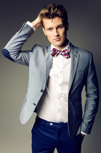 Men's Grey Blazer, White Dress Shirt, Blue Chinos, White and Red and Navy Bow-tie