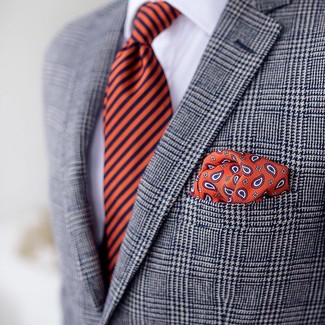 Orange Paisley Pocket Square Outfits: Fashionable and practical, this combo of a grey plaid blazer and an orange paisley pocket square provides with countless styling opportunities.