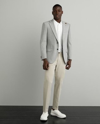 Men's Grey Blazer, White Polo, Khaki Chinos, White Canvas Low Top Sneakers