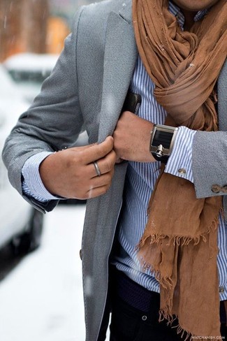 Grey Blazer Spring Outfits For Men: For a look that's truly wow-worthy, pair a grey blazer with a white vertical striped long sleeve shirt. This look is everything for those warmer days of spring.