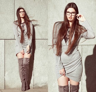 Women's Grey Bodycon Dress, Grey Suede Over The Knee Boots, Silver Necklace