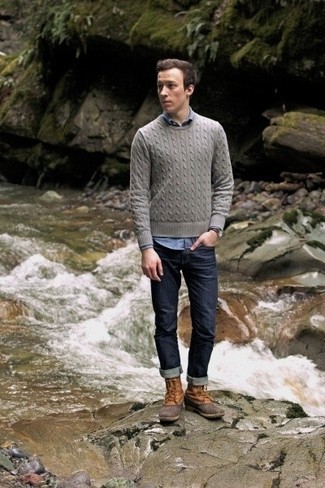 Men's Grey Cable Sweater, Blue Chambray Long Sleeve Shirt, Navy Jeans, Tan Snow Boots
