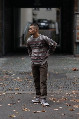 Grey Print Crew-neck Sweater Outfits For Men: 