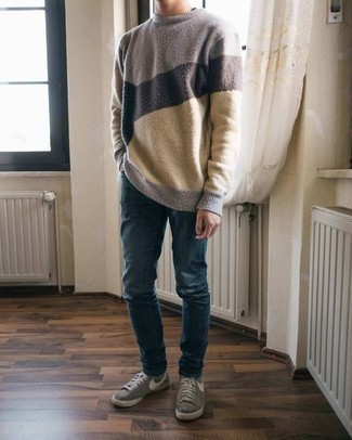 Multi colored Crew-neck Sweater with Navy Jeans Outfits For Men: 