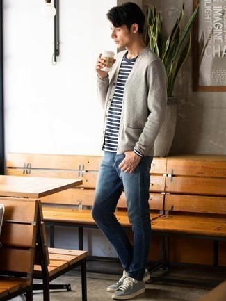 Men's Grey Cardigan, Navy and White Horizontal Striped Long Sleeve T-Shirt, Blue Jeans, Grey Canvas Low Top Sneakers