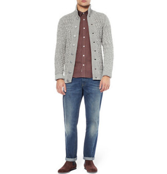 Men's Grey Cardigan, Red Gingham Long Sleeve Shirt, Blue Jeans, Brown Suede Casual Boots